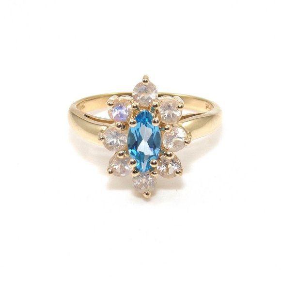 14K Gold Blue Topaz Halo Ring 8.25